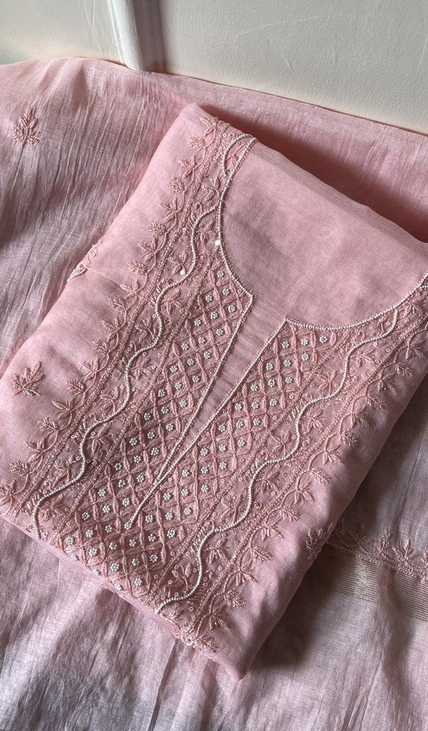 Women's Lakhnavi Handcrafted Mul Chanderi Chikankari Full Suit Material - HONC0271171