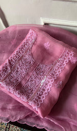 Load image into Gallery viewer, Women's Lakhnavi Handcrafted Pure Organza Chikankari Unstitched Kurta And Dupatta Set- HONC0324982