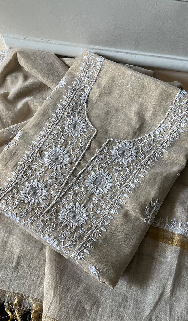 Women's Lakhnavi Handcrafted Tissue Chanderi Unstitched Kurta And Dupatta Set - HONC0278160