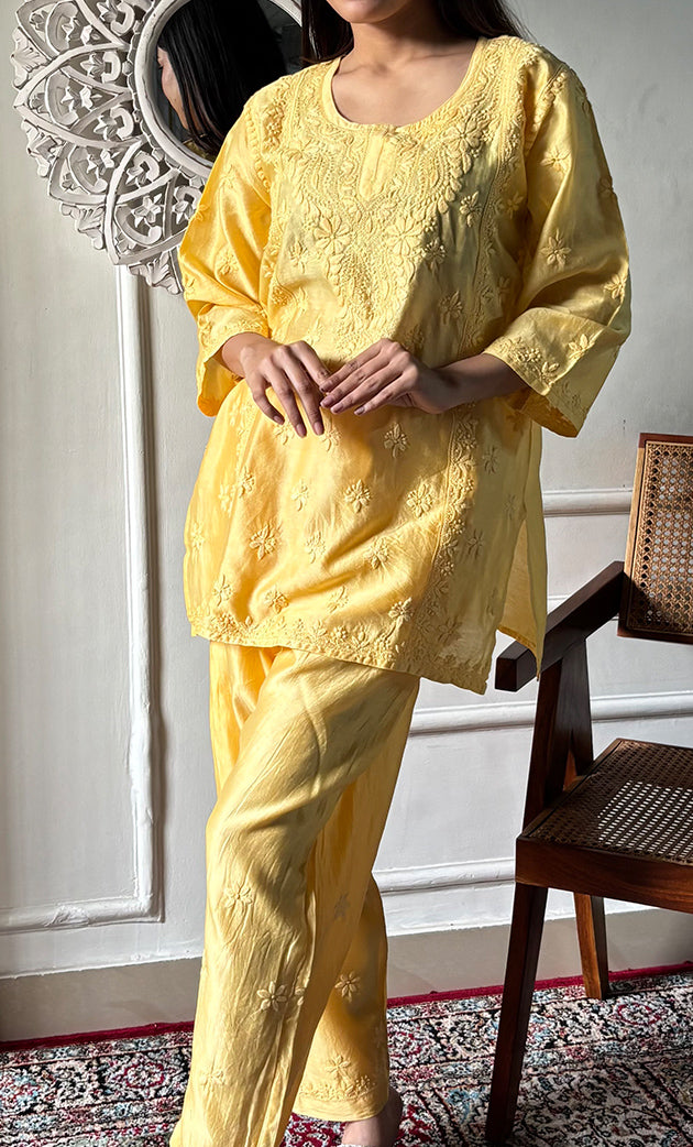 Imara Women's Lakhnavi Handcrafted Chanderi Silk Chikankari Top And Pant Set - HONC0340442