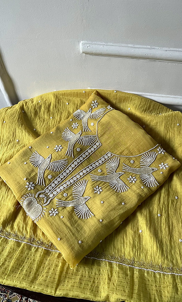 Chidiya Women's Lakhnavi Handcrafted Mul Chanderi Unstitched Chikankari Full Suit Material - HONC0330315