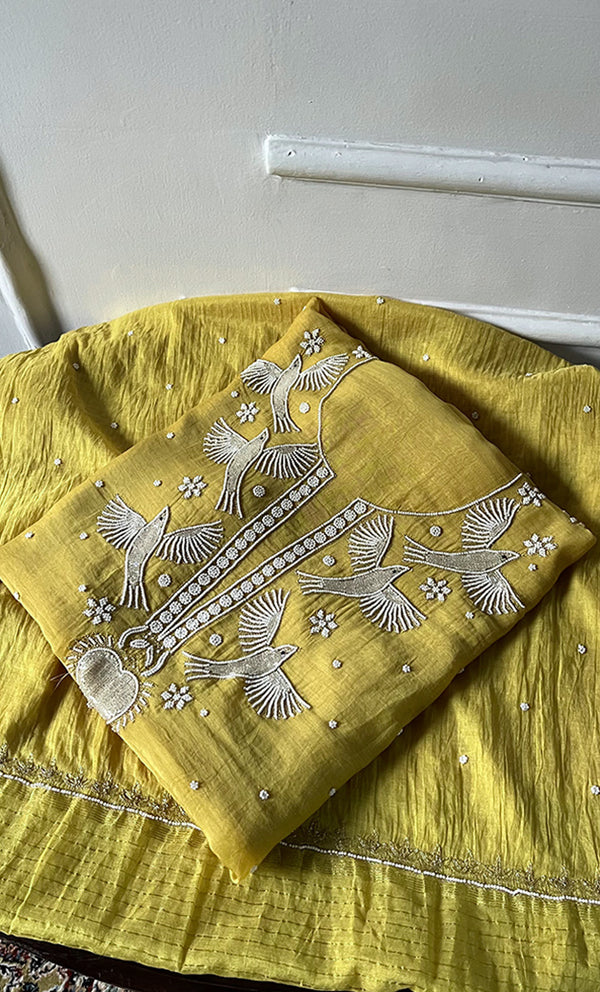 Chidiya Women's Lakhnavi Handcrafted Mul Chanderi Unstitched Chikankari Full Suit Material - HONC0330315