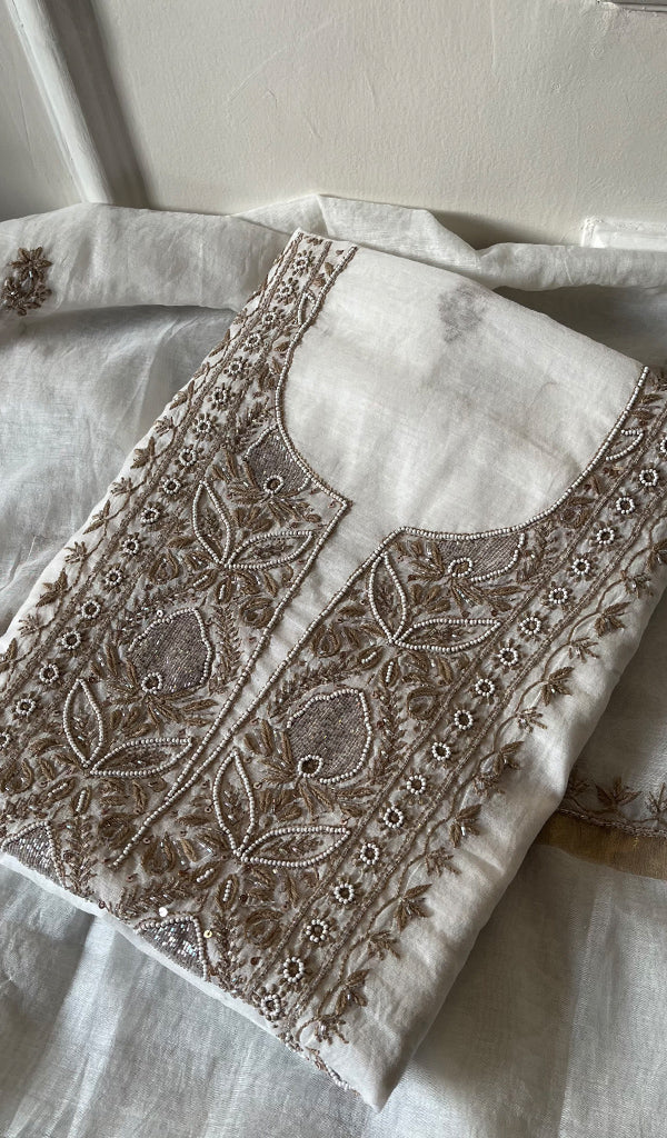Women's Lakhnavi Handcrafted Mul Chanderi Unstitched Kurta And Dupatta Set - HONCO278134