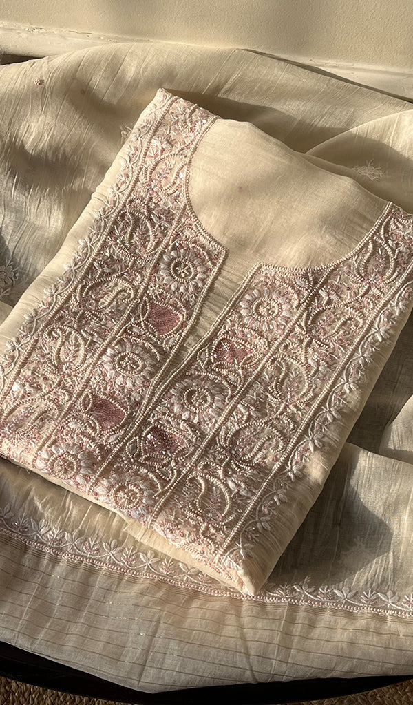 Women's Lakhnavi Handcrafted Mul Chanderi Unstitched Kurta And Dupatta Set - HONC0297204