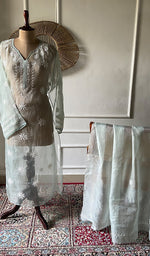 Load image into Gallery viewer, Mayuri Women's Lakhnavi Handcrafted Pure Organza Silk Chikankari Semi - stitched Full Suit Material - HONC0348612