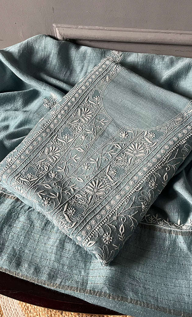 Women's Lakhnavi Handcrafted Munga Silk Chikankari Kurta And Dupatta Set- HONC0275145