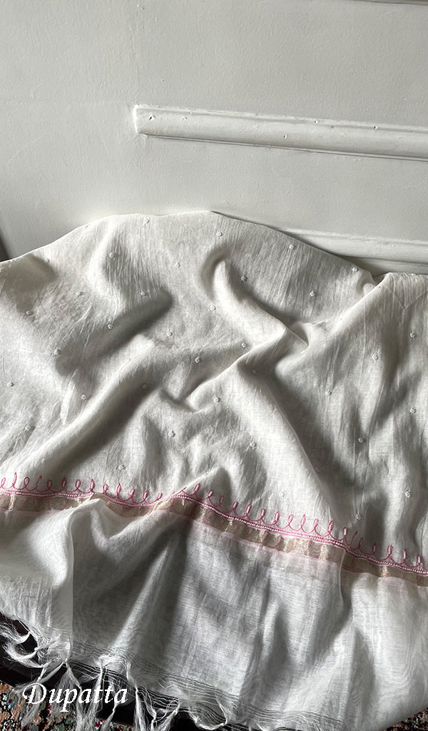 Women's Lakhnavi Handcrafted Unstitchd Mul Chanderi Kurta And Dupatta Set - HONC0330021