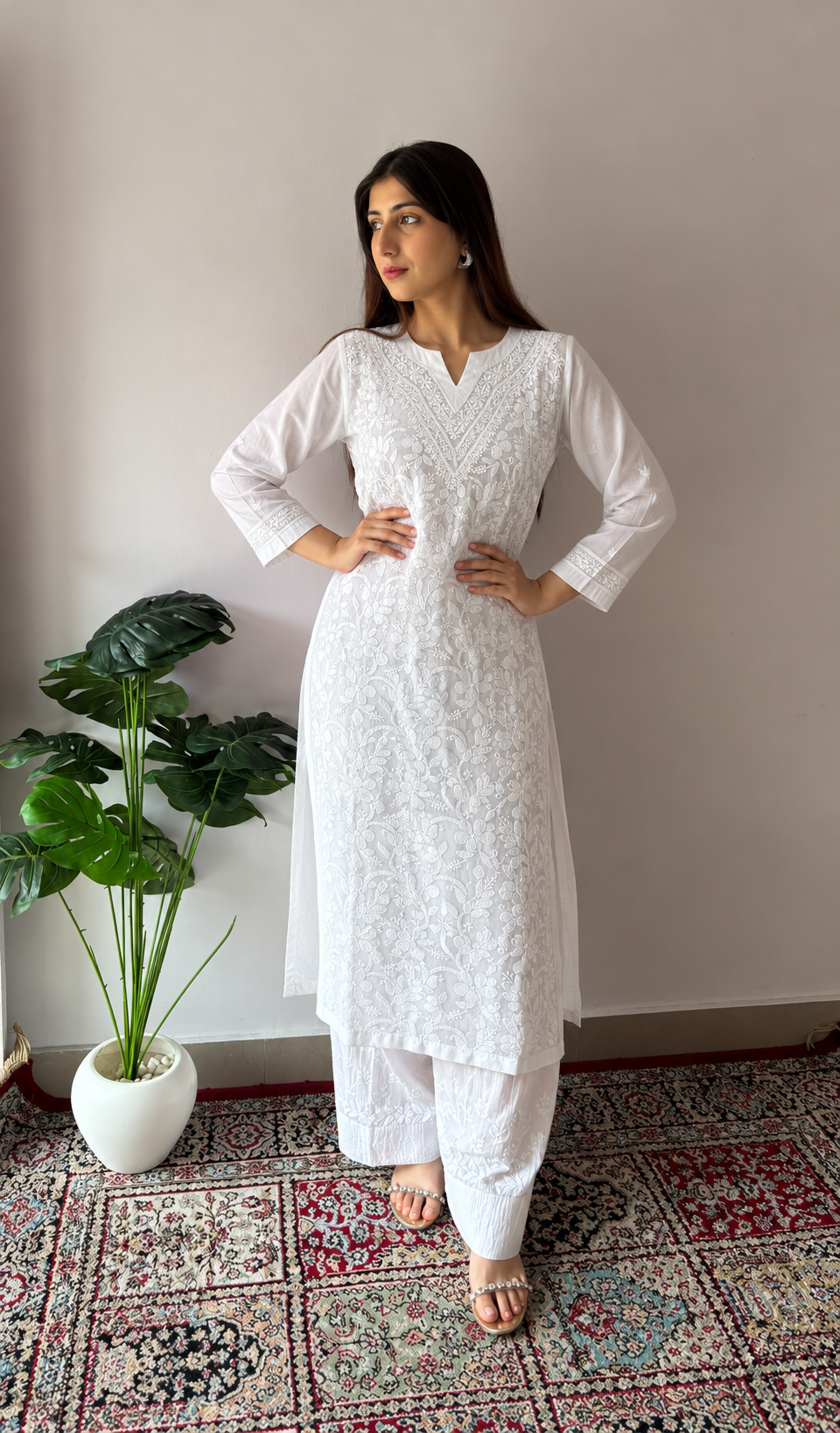 Pakeezah Women's Lucknowi Handcrafted Cotton Chikankari Kurti - HONC0229645