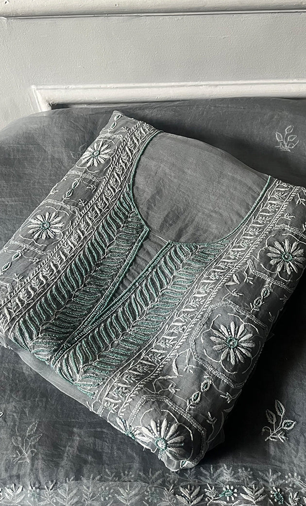Women's Lakhnavi Handcrafted Pure Organza Chikankari Unstitched Kurta And Dupatta Set- HONC0319972
