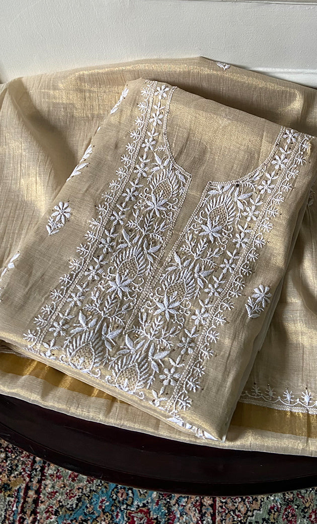 Women's Lakhnavi Handcrafted Tissue Chanderi Unstitched Chikankari Kurta And Dupatta Set - HONC0273276