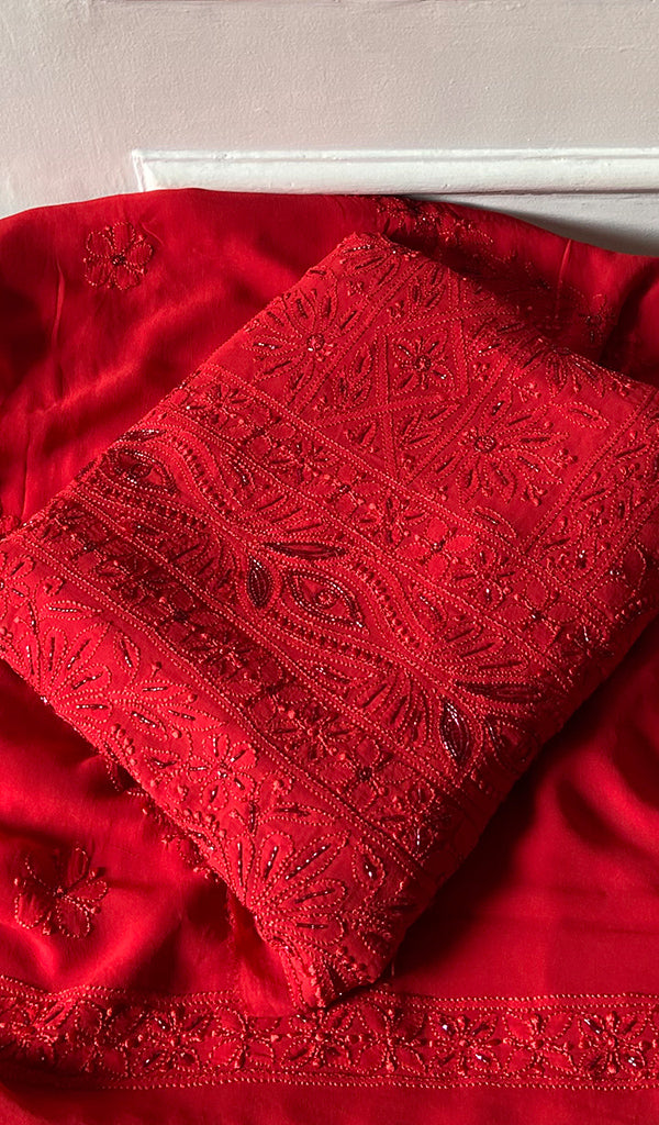 Women's Lucknowi Handcrafted Viscose Georgette Unstitched Chikankari Suit Material - HONC0325144