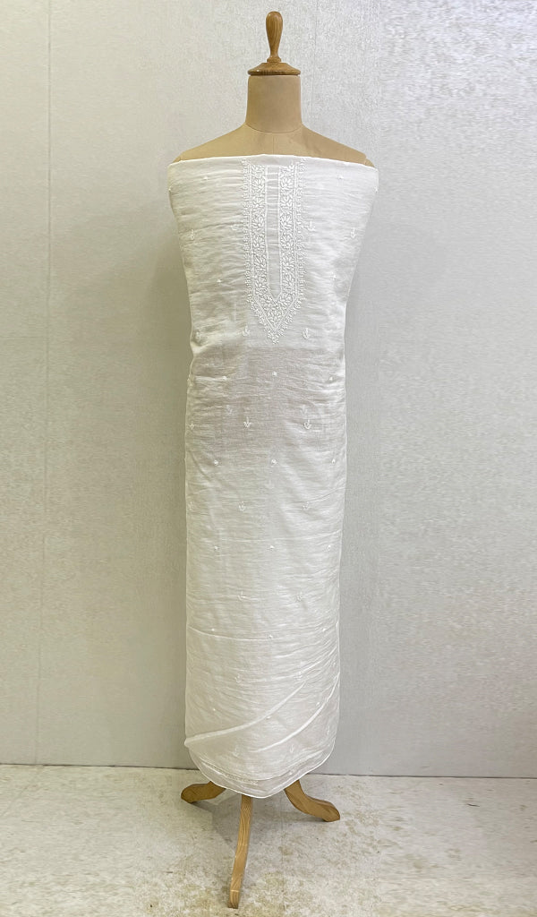 Lucknowi Handcrafted White Cotton Chikankari Unstitched Men's Kurta Fabric - HONC0146629