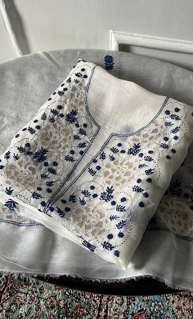 Women's Lakhnavi Handcrafted Pure Organza Chikankari Unstitched Kurta And Dupatta Set- HONC0322163