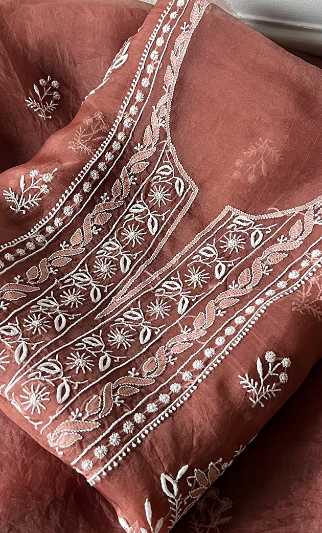 Women's Lakhnavi Handcrafted Pure Organza Chikankari Unstitched Kurta And Dupatta Set- HONC0319192