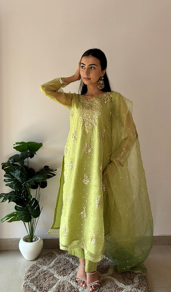 Women's Lucknowi Handcrafted Pure Organza Silk Stitched Chikankari Kurta, Dupatta With Pant Set- HONC0368444