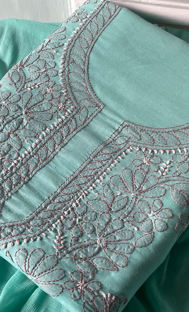 Women's Lakhnavi Handcrafted Unstitched Cotton Chikankari Suit Material - HONC0316588