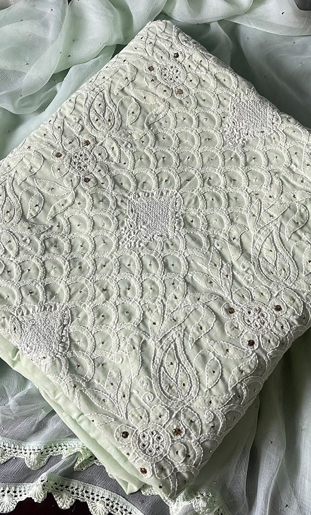 Women's Lakhnavi Handcrafted Unstitched Cotton Chikankari Suit Material - HONC0264449