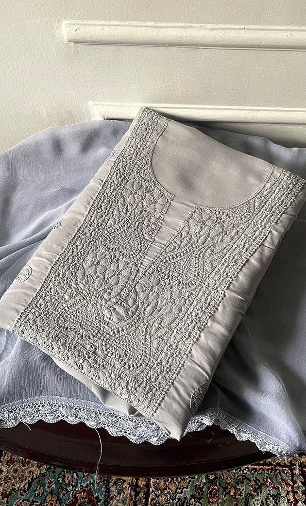 Women's Lakhnavi Handcrafted Unstitched Cotton Chikankari Suit Material - HONC0329386