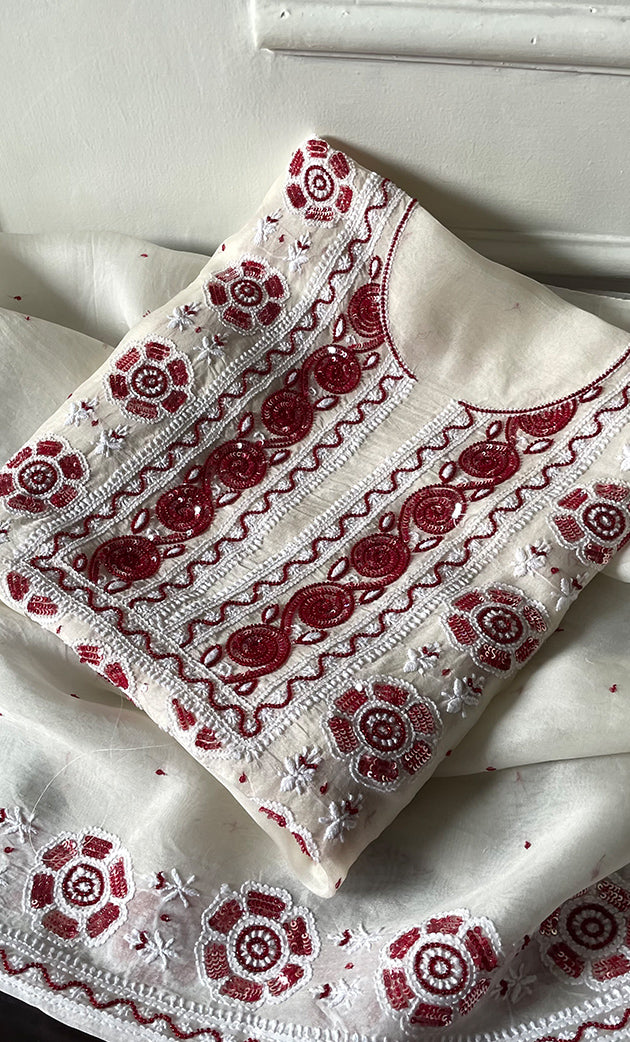 Women's Lakhnavi Handcrafted Pure Organza Chikankari Unstitched Kurta And Dupatta Set- HONC0328890