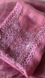 Load image into Gallery viewer, Women's Lakhnavi Handcrafted Pure Organza Chikankari Unstitched Kurta And Dupatta Set- HONC0324982