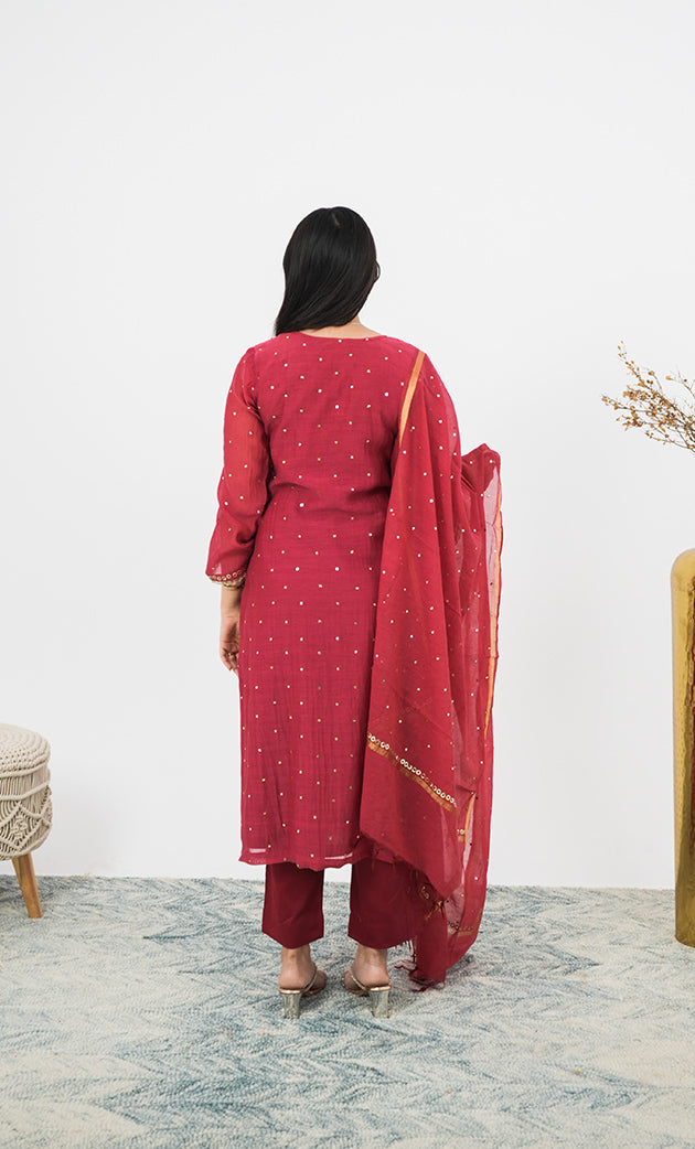 Shanaya Women's Lakhnavi Handcrafted Mul Chanderi Chikankari Stitched Kurta, Dupatta And Pant Set - HONC0322416