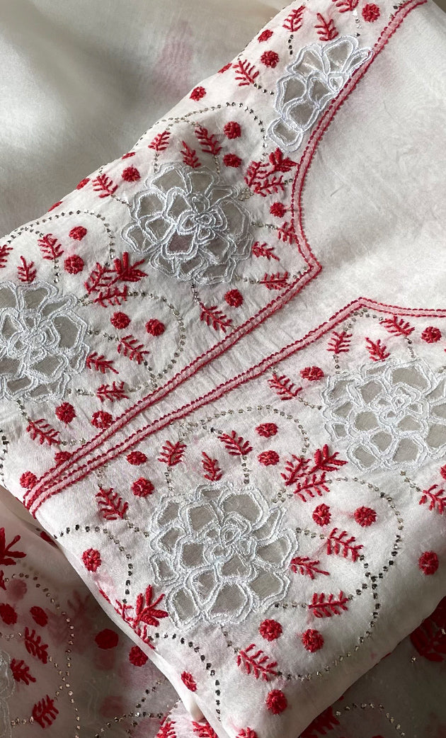 Women's Lakhnavi Handcrafted Pure Organza Chikankari Unstitched Kurta And Dupatta Set- HONC0320491