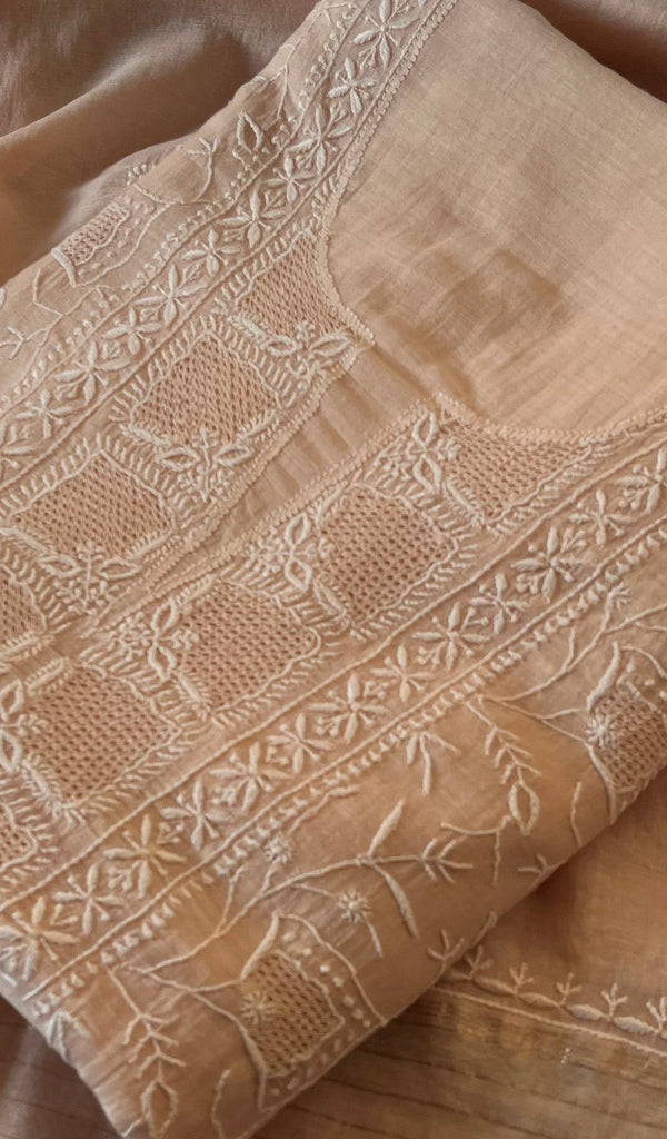 Women's Lakhnavi Handcrafted Mul Chanderi Unstitched Kurta And Dupatta Set - HONC0212278