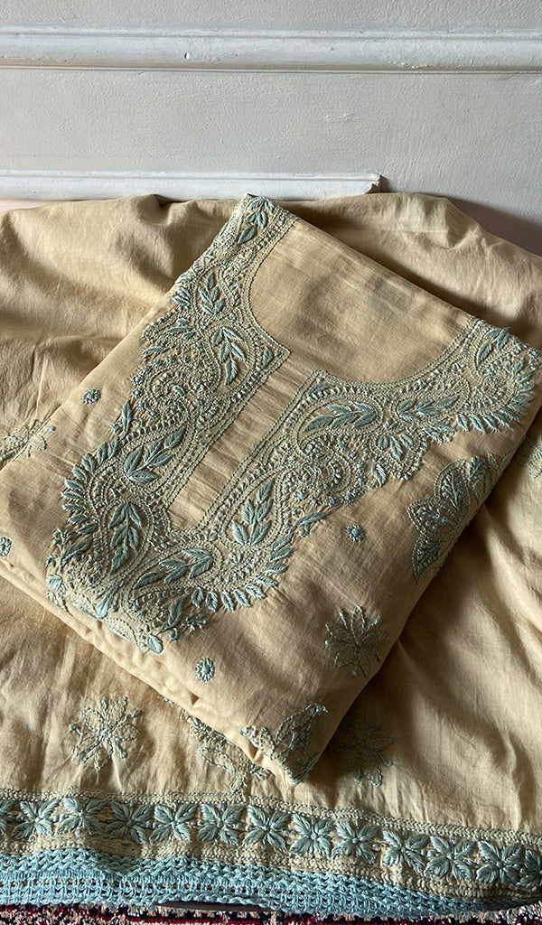 Women's Lakhnavi Handcrafted Cotton Unstitched Chikankari Kurta Dupatta Set - HONC0358174