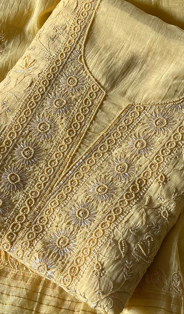 Women's Lakhnavi Handcrafted Mul Chanderi Unstitched Kurta And Dupatta Set - HONC0280842