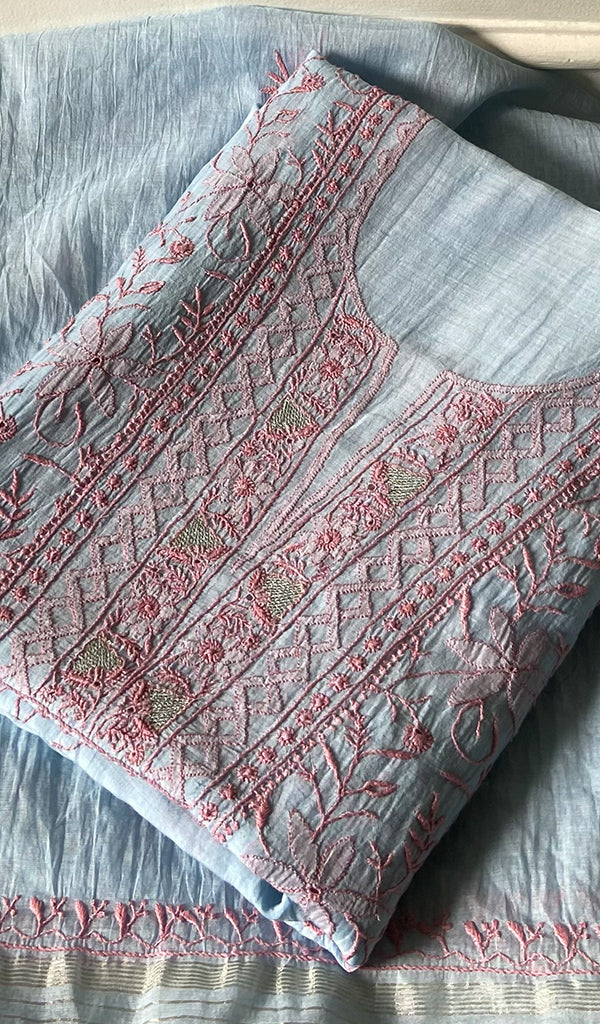 Women's Lakhnavi Handcrafted Mul Chanderi Unstitched Chikankari Full Suit - HONC0345362