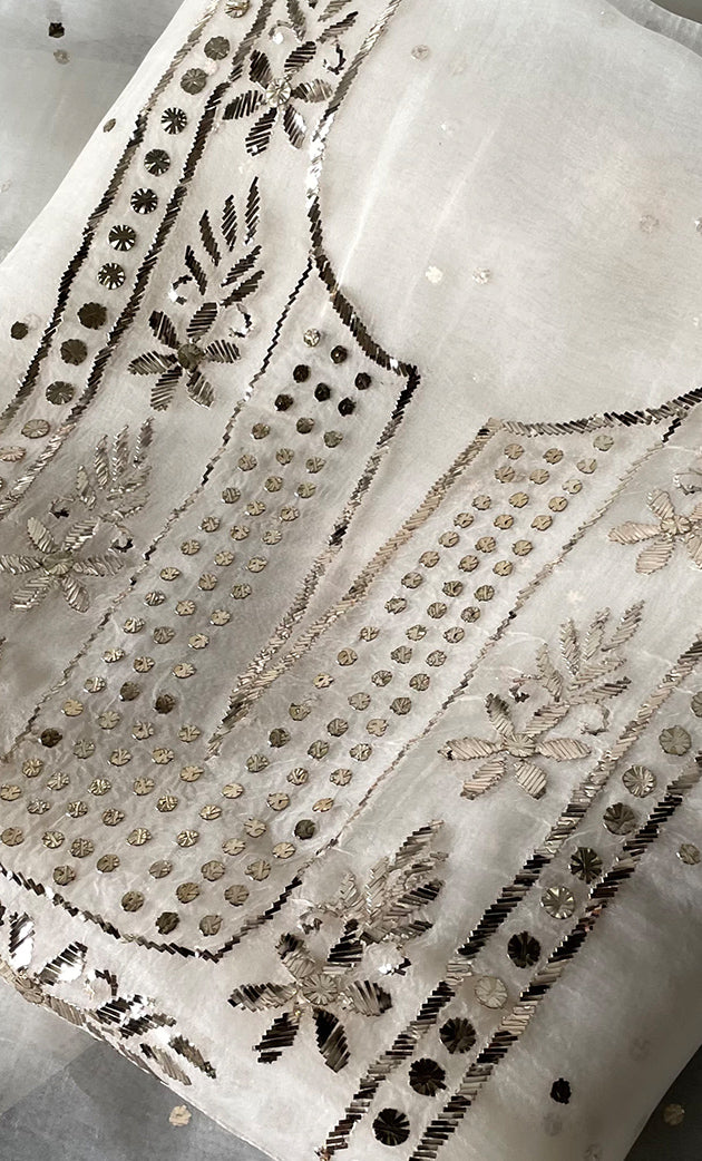 Women's Lakhnavi Handcrafted Pure Organza Chikankari Unstitched Kurta And Dupatta Set- HONC032185