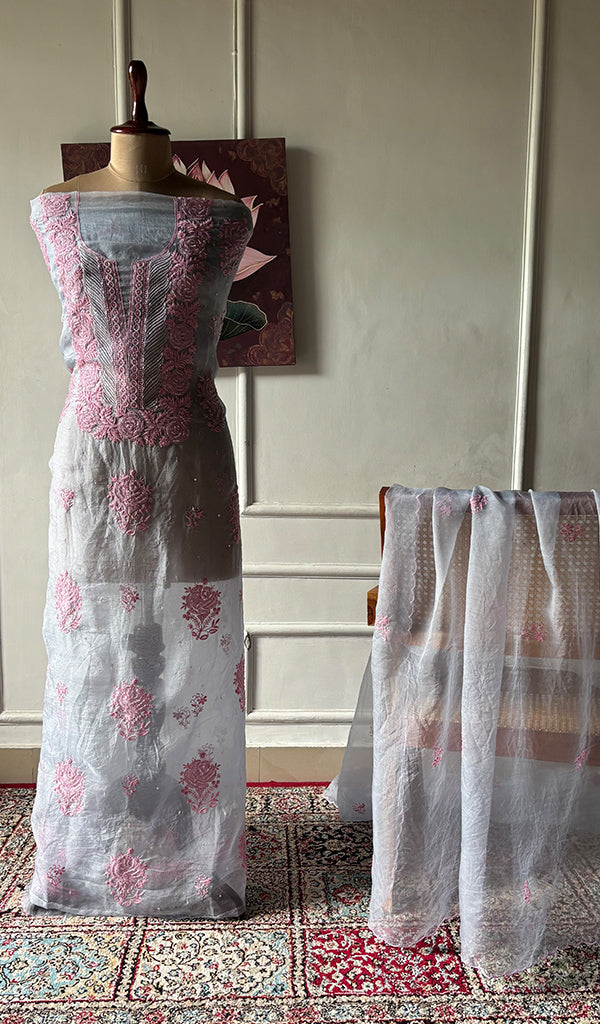 Women's Lakhnavi Handcrafted Pure Organza Chikankari Unstitched Kurta And Dupatta Set- HONC0361457