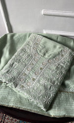 Load image into Gallery viewer, Women's Lakhnavi Handcrafted Unstitched Munga Silk Chikankari Kurta And Dupatta Set- HONC0274528