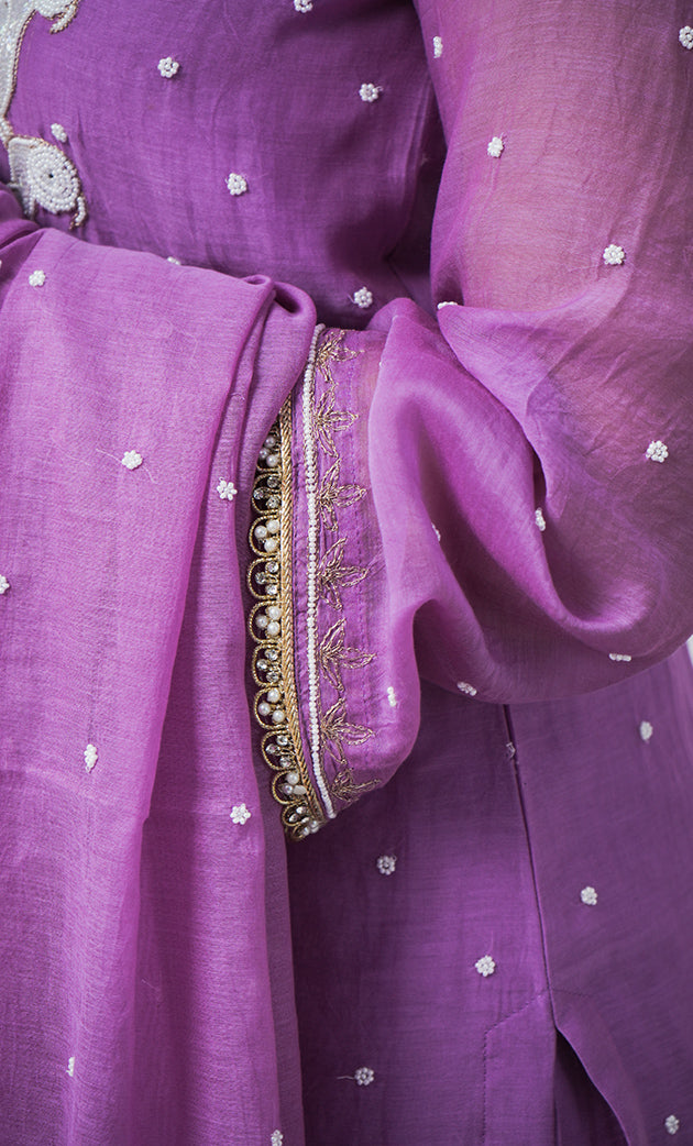 Women's Lakhnavi Handcrafted Mul Chanderi Chikankari Stitched Kurta, Dupatta And Pant Set - HONC03207270