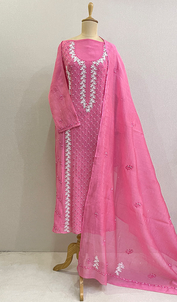 Saziya  Women's Lakhnavi Handcrafted Mul Chanderi Semi - Stitched Kurta And Dupatta Set- HONC0218555