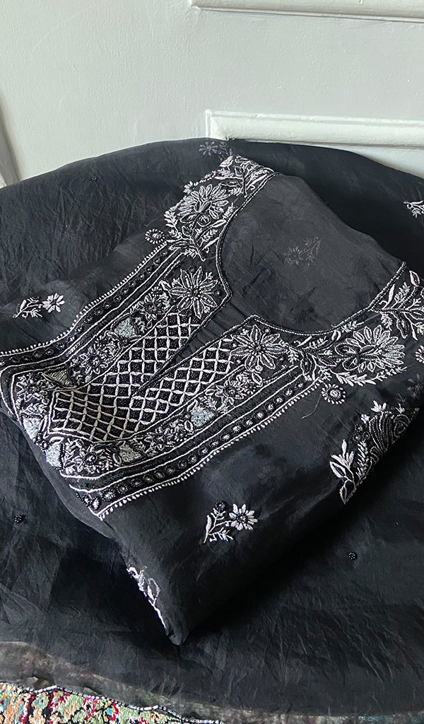 Women's Lakhnavi Handcrafted Pure Organza Chikankari Unstitched Kurta And Dupatta Set- HONC0329215