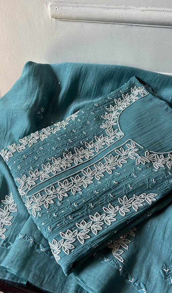 Saziya Women's Lakhnavi Handcrafted Mul Chanderi Semi - stitched Chikankari Full Suit Material - HONC0371115