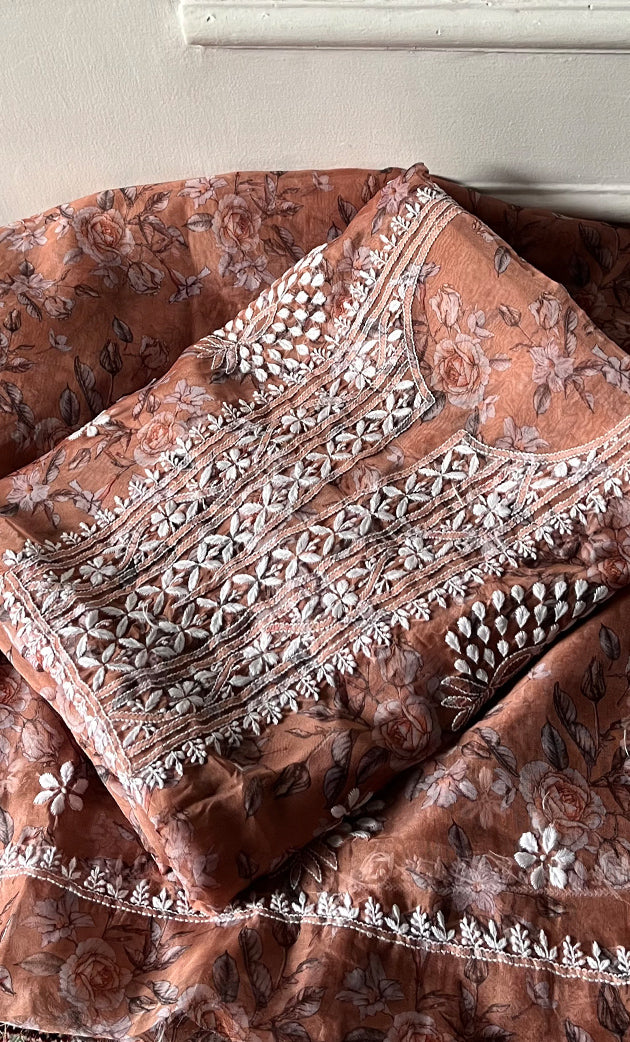 Women's Lakhnavi Handcrafted Organza Chikankari Unstitched Kurta And Dupatta Set - HONC0332128