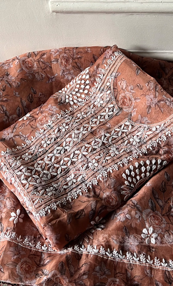 Women's Lakhnavi Handcrafted Organza Chikankari Unstitched Kurta And Dupatta Set - HONC0332128
