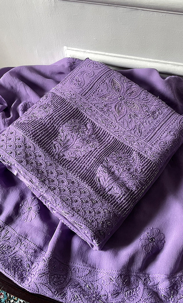 Women's Lakhnavi Handcrafted Viscose Georgette Chikankari Full Suit Material - HONC0274222