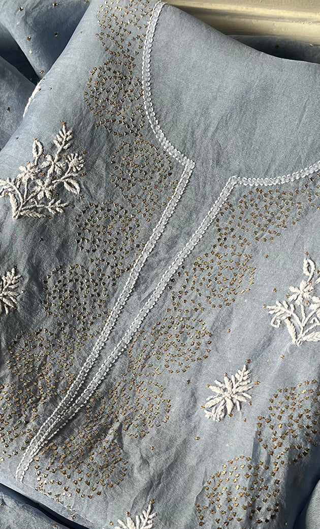 Afeera Women's Lakhnavi Handcrafted Pure Organza Chikankari Unstitched Kurta And Dupatta Set- HONC0302226
