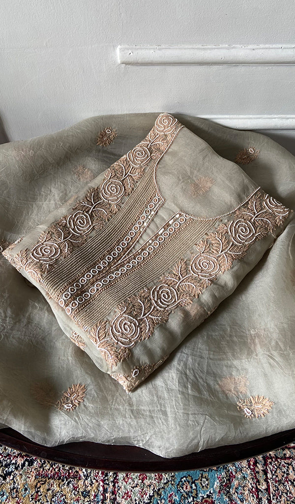 Women's Lakhnavi Handcrafted Pure Organza Chikankari Unstitched Kurta And Dupatta Set - HONC0352105