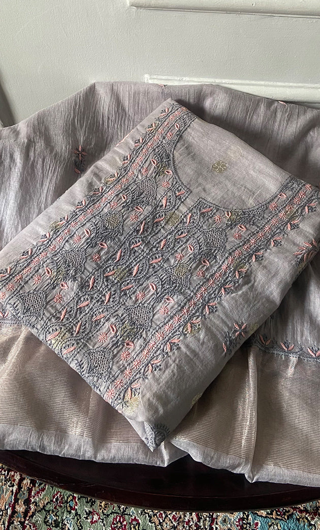 Women's Lakhnavi Handcrafted Mul Chanderi Unstitched Chikankari Full Suit Material - HONC0316861