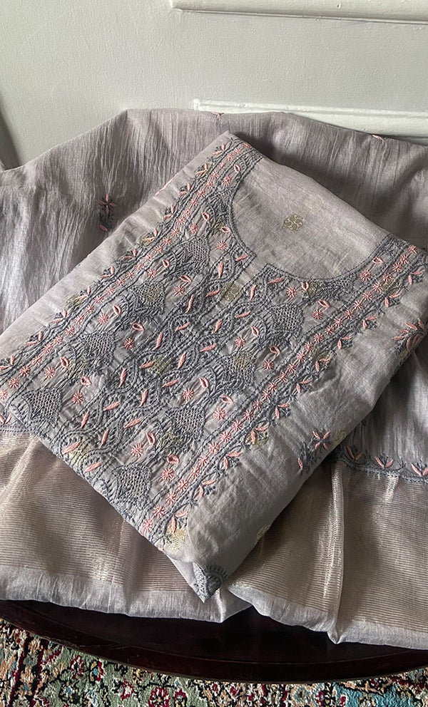 Women's Lakhnavi Handcrafted Mul Chanderi Unstitched Chikankari Full Suit Material - HONC0316861