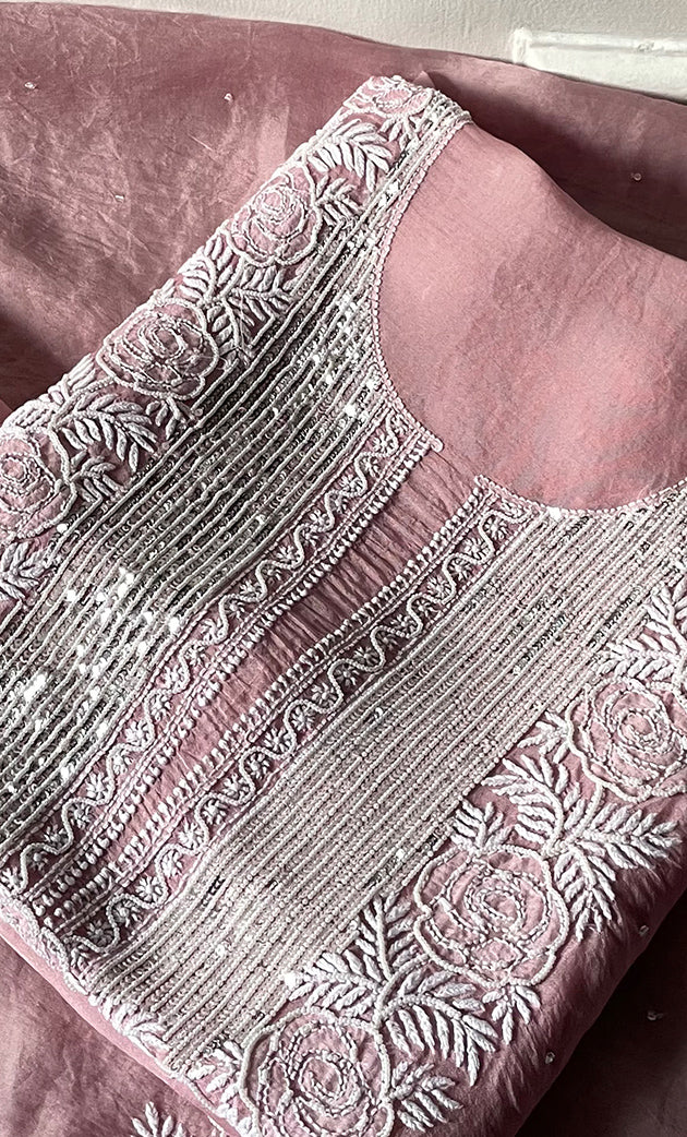 Women's Lakhnavi Handcrafted Pure Organza Chikankari Unstitched Kurta And Dupatta Set- HONC0292518