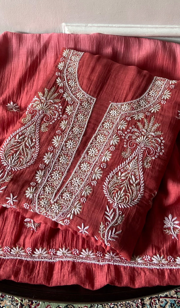 Women's Lakhnavi Handcrafted Mul Chanderi Unstitched Kurta And Dupatta Set - HONC0365688