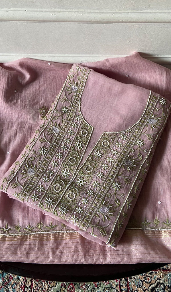 Womens Lakhnavi Handcrafted Mul Chanderi Unstitched Kurta And Dupatta Set