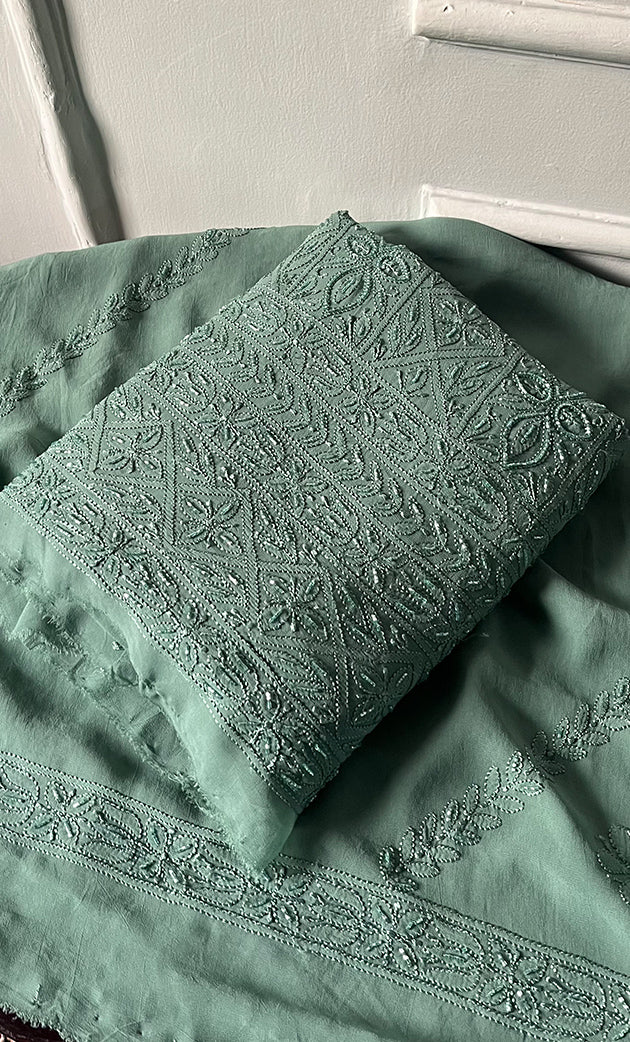 Women's Lucknowi Handcrafted Viscose Georgette Unstitched Chikankari Suit Material - HONC0325151