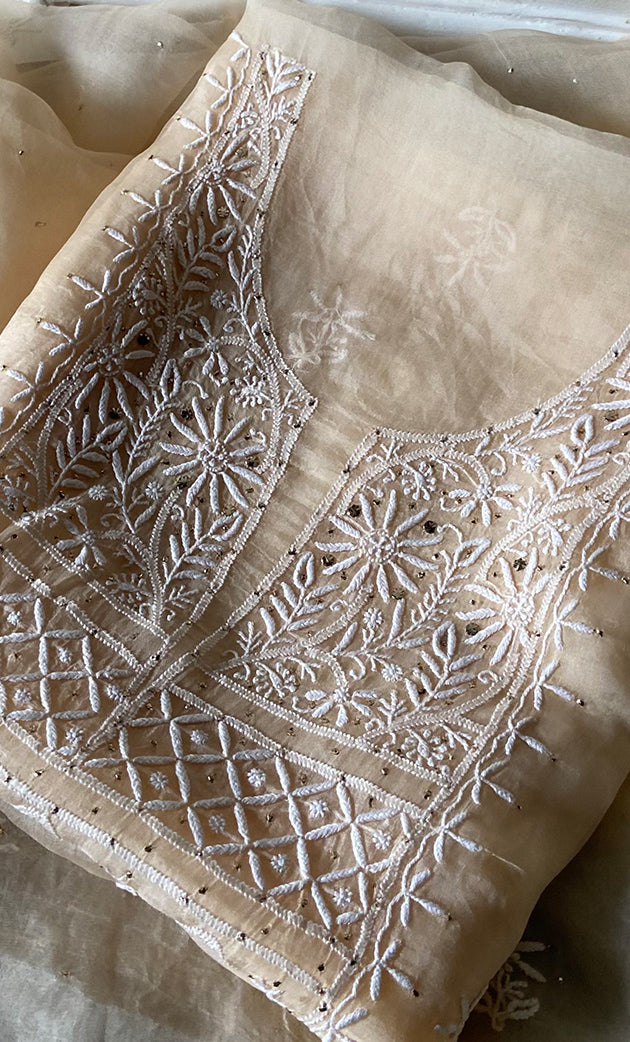 Women's Lakhnavi Handcrafted Pure Organza Chikankari Unstitched Kurta And Dupatta Set- HONC0266923