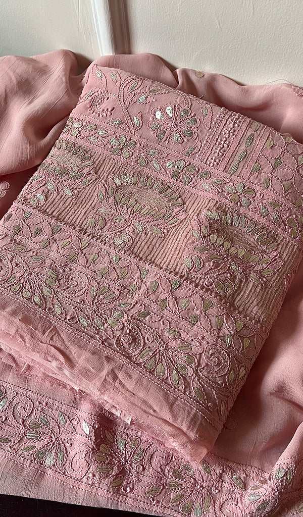 Women's Lakhnavi Handcrafted Viscose Georgette Chikankari Full Suit Material - HONC0270932